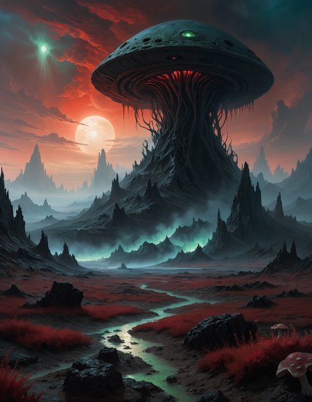 An eerie, alien landscape unlike anything seen on Earth. The glowing, crimson sky is dotted with ominous, looming clouds, casting an unnatural, blood-red light over the barren, rocky terrain below. The ground is a patchwork of strange, otherworldly plants and fungi, some glowing with an eerie blue-green light, while others seem to writhe and twist in the breeze. In the distance, towering mountains rise up from the landscape, their jagged peaks obscured by swirling mists and wisps of steam. The air is thick with an unsettling silence, broken only by the occasional howl of an unidentified creature from deep within the inky shadows. A sense of foreboding and alien creepiness permeates every inch of this foreign planet, as if it's teeming with unspeakable horrors just out of sight.., (Oil painting) (by Jean-François Millet), (by Gustave Courbet) , (by Jules Breton), close up, dark fantasy, <lora:add-detail-xl:2>
