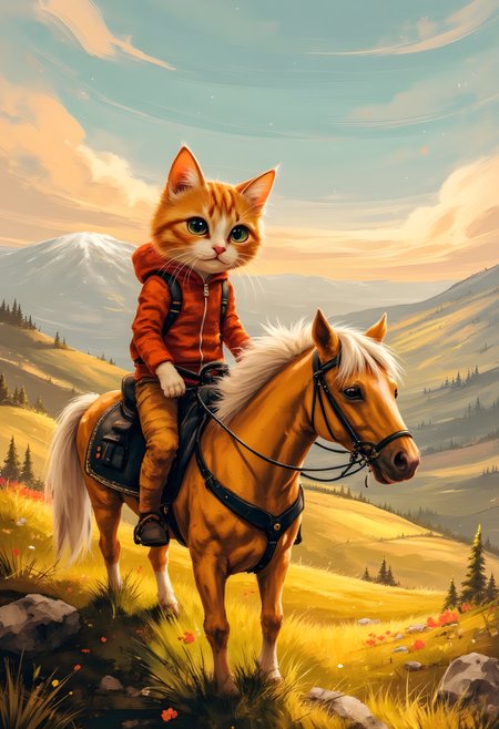 cinna flow, an anthropomorphic cute cat is horse rider, in the style of cinematic montages, dragon art, franciszek starowieyski, yellow and white, john howe, hyper-realistic details, himalayan art. Very detailed, vibrant colors