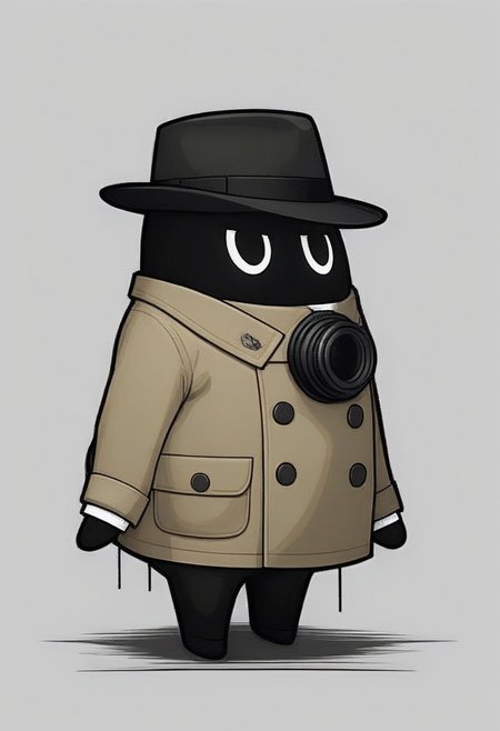 high quality,best quality, beautiful aesthetic, very intricate, high quality details, perfect details, best resolution, extremely detailed background, good_hands, masterpiece, uncensored, Expressiveh, 
 1other, bangboo, solo, simple background, black eyes, half white half black body, long trench coat, no humans, a ink bottle behind it, A pen stood beside it,