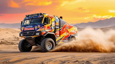 rally truck KAMAZ, poster art, rally truck KAMAZ, number, KAMAZ drive on sand race track