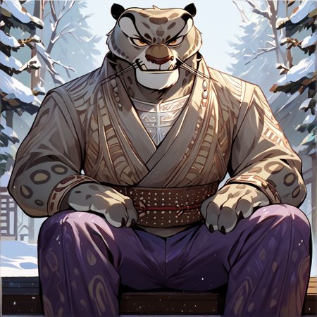 score_9, score_8_up, score_7_up <lora:Tai_Lung:1.0> Tai Lung, Snow Leopard, Purple Pants, 1boy, solo, sitting