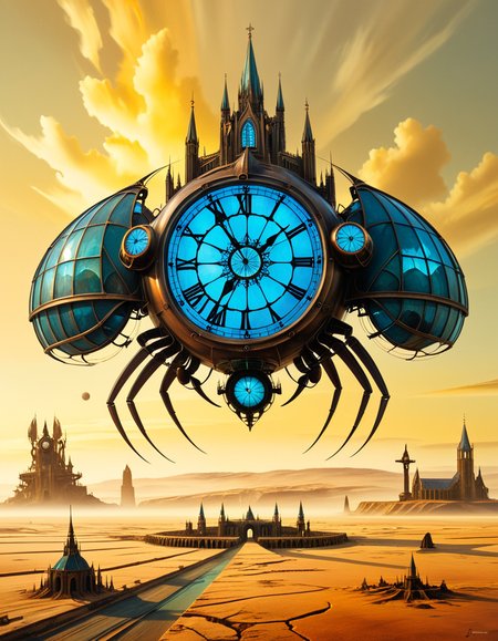 A surreal, dreamlike painting in the style of JarosÅaw Jasnikowski, depicting a gigantic mechanical insect-like cathedral walking across a cracked desert landscape. The cathedral is mounted on insect legs made of bronze and copper, with gears and steam vents along each joint. The architecture is gothic, with tall spires, stained glass windows glowing from within, and massive rotating clock faces embedded in its towers. In the background, a distorted horizon under a greenish-yellow sky, with floating islands and broken bridges suspended mid-air. A small group of cloaked figures watches the walking structure from the foreground, their long shadows cast across the dry, dusty ground. The entire scene is bathed in a surreal light, blending soft golds and dark shadows, giving it a mystical and post-apocalyptic atmosphere. Details are rich with fine mechanical engravings, absurd physics, and metaphysical symbolism, echoing Jasnikowskiâs signature surrealism and imaginative science-fiction fantasy.<lora:SDXLFaeTastic2400:0.4> <lora:extremely_detailed:0.4> extremely detailed, <lora:JarosÅaw_J4sn1k0wsk1_r1:1>,JarosÅaw J4sn1k0wsk1, Masterpiece,best quality,hi res,8k,hi res,8k,award winning,(sharp focus, intricate, highly detailed),