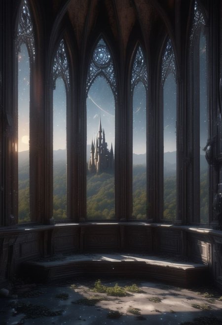 an abandoned Gothic castle with views of extraterrestrial galaxies from the windows. 4k, high-detail hyperrealism, HD quality, high-detail masterpiece. 4k, high-detail hyperrealism, HD quality, high-detail masterpiece