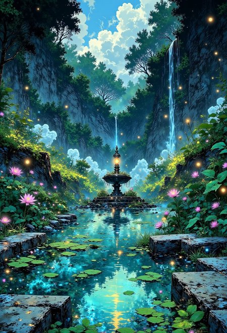 The Fountain of Echoes – Labyrinth of Gentle Waterfalls
"A maze of smooth white stone paths, interwoven with cascading waterfalls that hang suspended in midair. Pools of shimmering aquamarine water form portals to other sections of the labyrinth, their reflections shifting like living paintings. Floating lily pads, each the size of a carriage, drift lazily through the waterways, glowing softly as they whisper gentle words of encouragement. The air smells of fresh rain and blooming jasmine."