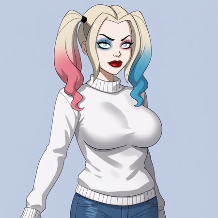 <lora:harleyquinncartoon_pony_v1:.9> HarleyQuinnCartoon, 1girl, solo, twintails, makeup,  blue eyes,  large breasts, lipstick,  eyeshadow,  blue blonde pink multicolored gradient hair, red lips,  pale skin, cowboy shot, sweater, jeans
