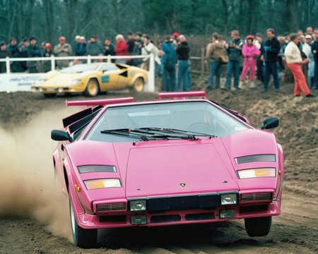 analog film photo car rally magazine photograph of a pink lamborghini countach (((rally car))) jumping, big air time, rally jump, action motion blur dust LP5000 <lora:add-detail-xl:2> <lora:LP5000-SDXL-V1.2:1>, (big offroad lights at the roof:1.2), hella flood lights, searchlights on roof, . faded film, desaturated, 35mm photo, grainy, vignette, vintage, Kodachrome, Lomography, stained, highly detailed, found footage