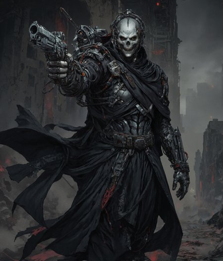 Create an image of a cybernetic humanoid assassin in a dark, dystopian setting. The figure should have a metallic skull with intricate mechanical details and a partially human-like appearance. It should be dressed in a long, black leather coat adorned with various cybernetic enhancements and accessories. (((The assassin is holding a futuristic pistol, aiming it with a cold, calculating expression at the camera))). The background should be dimly lit, emphasizing the assassin's menacing presence and highlighting the metallic and leather textures. The overall mood should be intense and foreboding, capturing the essence of a high-tech, dystopian world. (((detailed post-apocalyptic city background.)))