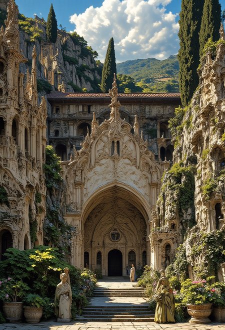 « Yonder stands the ruins of the monastery, across the garden and courtyard. »
