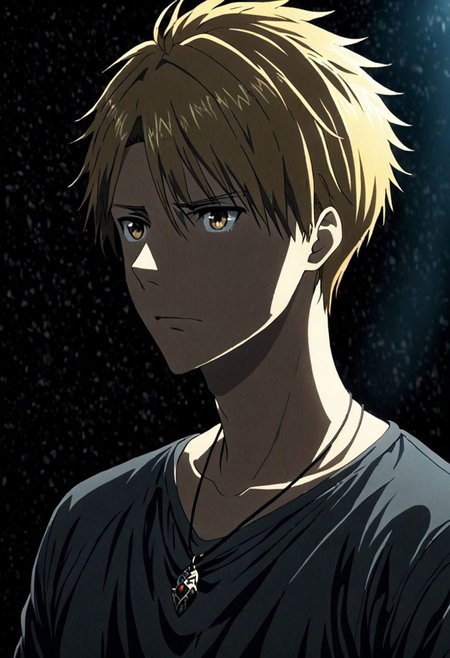 high resolution, solo, best quality, 1Boy, Yamato Ishida, Blond Hair, Necklace, cool, Mysterious black background, Movie lighting, a sense of atmosphere, OverallDetail