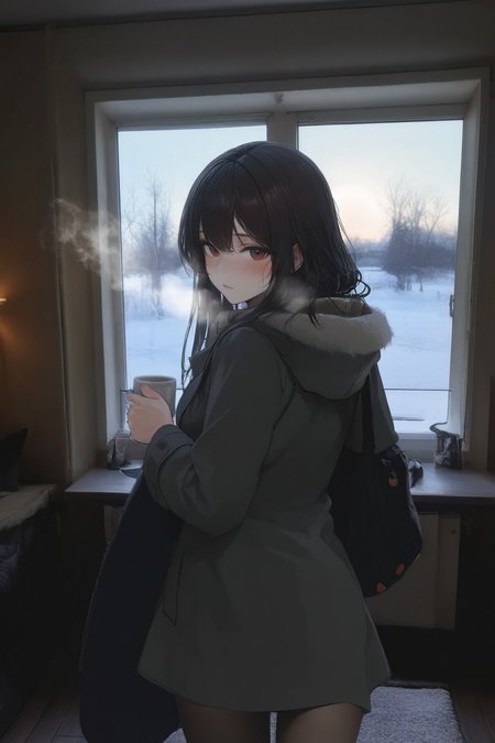 1girl, winter, steam, looking back, looking at viewer, blush, photo background, realistic background, masterpiece, best quality, good quality, newest, very aesthetic, absurdres