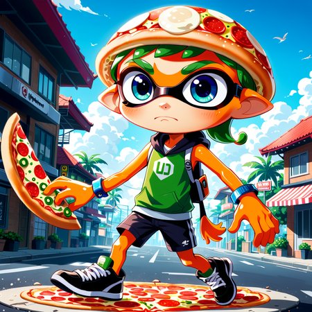 <lora:Pizza_World_Morph_SDXL:1>  <lora:add-detail-xl:0.4> <lora:MidjourneyV6.1:.4>  <lora:xl_more_art-full_v1:0.4>  pizzasdx  Inkling ^splatoon, 1boy, mask, <lora:SplatoonInkling_v030:.55>, (anime, masterpiece, intricate:1.3), (best quality, hires textures, high detail:1.2), (4k),(incredibly detailed:1.4),UHD, 8K, ultra detailedâââ