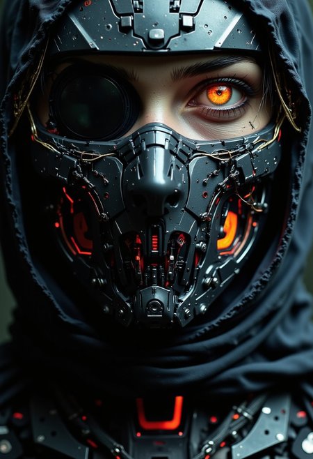cpstyle, dystujo, The close-up reveals the terrifying face of a cyborg ninja, an intricate fusion of organic beauty and cold, mechanical perfection. Her face is framed by a sleek, polished helmet that partially covers her features, leaving only the lower half exposed. The exposed skin on her face is pale, almost ghostly, a stark contrast to the sophisticated mechanical enhancements that have replaced much of her body. Her left cheek and jawline are adorned with sharp, angular plates, seamlessly molded to her skin, their surface gleaming with a dark metallic sheen. Intricate circuit patterns snake down her neck, glowing faintly with pulses of electric energy that flicker like veins of lightning beneath the surface. The right side of her face is a chilling display of cybernetic mastery, where human flesh gives way to gleaming, polished steel and chrome. Her eye is encased in a dark, reflective visor, surrounded by a framework of sleek, geometric metal. The visor occasionally flickers with a vibrant neon orange-red glow, a direct connection to her augmented senses. The edges of the metal frame are adorned with fine micro-gears and minute, complex mechanisms that hum with energy, a silent reminder of the technological power running through her body.
