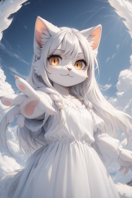 score_9, score_8_up, score_7_up, source_4k, rating_safe,  <lora:arctic cat girl_LORA:0.9>  cat , 1girl, warm colors, pleasant and friendly, facing forward, reaching towards viewer, hand focus, wide angle, voluptuous:1.1