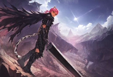masterpiece, very aesthetic, anime screenshot, 1girl, Pink_PonyXL, DragonSlayerSword-Il.V1.0, black armor, shoulder armor, gauntlets, greaves, bandaged arm, black cape, torn cape, bright pink hair, cat ears, scar on nose, cat bell around neck, tanned, white tiger tail, small breasts, femine body, smiling, making a cute cat face, single fanged tooth showing, standing, looking at viewer, side view, wielding-dragonslayer, huge weapon, sword, holding sword, holding weapon, full body, zoomed in on pink_ponyxl, Dutch angle, cowboy shot 
Break
City of hyrule, bright and sunny, happy adoring crowd,