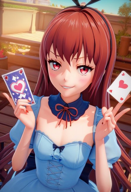 score_9, score_8_up, score_7_up, 1girl, alice in wonderland style, blue dress, detached collar, Queen of Hearts, holding card, smug grin, 3d \(artwork\), Ami Arakawa