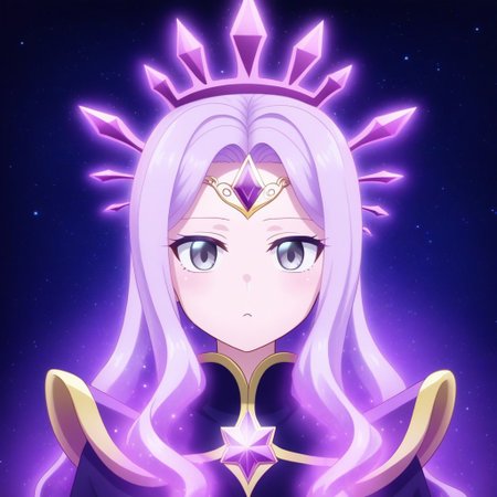 mana_sk style, portrait, focus on face, a mystical celestial mage girl with flowing lavender hair shimmering like stardust, deep silver eyes sparkling like galaxies, wearing a crescent-moon tiara and a robe adorned with constellations, her face illuminated by a soft cosmic glow, faint stars twinkling in the dark background, Japanese RPG style, ethereal and awe-inspiring atmosphere, intricate details on her tiara and robe