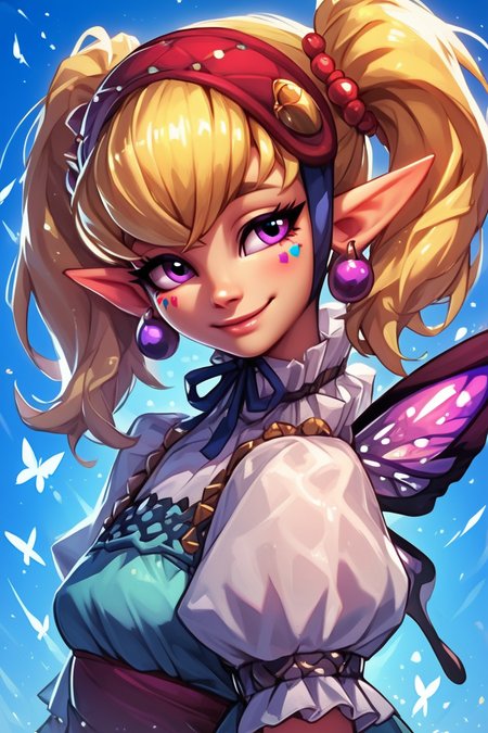 score_9, score_8_up, score_8, medium breasts, (curvy), cute, eyelashes,       BREAK, , <lora:Agitha_Zelda_PDXL:0.8>,  zzAgitha, purple eyes, blonde hair, twintails, pointy ears, jewelry, earrings, gloves, dress, butterfly wings, , BREAK, embedding:zPDXL, Expressiveh, <lora:EnergyCAT:1.0>, solo, smile, looking at viewer, upper body, aura, blue sky, <lora:SDXLFaeTastic2400:0.5>, <lora:Expressive_H-000001:0.4>,