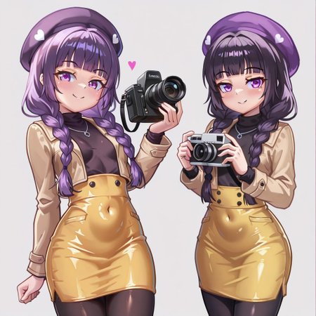 lazypos, girl focus, 1girl, pantyhose, purple eyes, skirt, blush, braid, covered navel, long hair, smile, yellow skirt, breasts, twin braids, hat, video camera, coat, looking at viewer, purple hair, small breasts, heart, black hair, simple background, shirt, pencil skirt, blunt bangs, black pantyhose, camera, grey background, freeze-ex, twgristyle