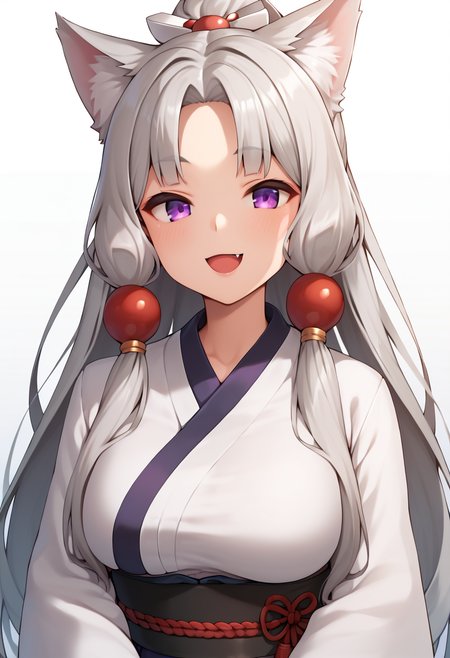 score_9, score_8_up, score_7_up, score_6_up, score_5_up, score_4_up, source_anime, rating:general, 
BREAK,
1girl, solo, looking at viewer, smile, open mouth, standing, white background, 
 <lora:touhoku_itako_ponyXL:1> touhoku itako, grey hair, long hair, fox ears, animal ear fluff, sidelocks, hair ornament, purple eyes,