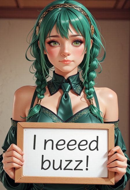 high_quality, highres, detailed_eyes, beautiful, detailed, masterpiece, best quality, absurdres, 8k, HDR,
 1girl, blush, green eyes, hairband, multicolored hair, necktie, twin braids, zh4o_styl3, need_buzz, holding sign, zhao190,<lora:nikichen:1> nikichen style,