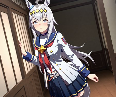 masterpiece, best quality, amazing quality, , 1girl, solo,  looking at viewer, cowboy shot,  <lora:Oguri Cap in game style 3D ILL-v2:1> ummsmingame, 3d, oguri cap \(umamusume\),