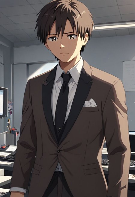high resolution, solo, best quality, 1Boy, Takaki Toono, Brownish Hair, Brown Eyes, suit, worklife, workspace, OverallDetail