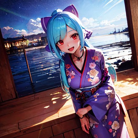 masterpiece, best quality, photorealistic, 3D, shiny_skin, shiny_hair, dynamic angle, beautiful detailed glow, HDR, Rembrandt lighting, colorful refraction, lens flare, bloom, film Reflection, chromatic aberration, light diffusion, public indecency, cowboy shot, deep meaning, physically-based rendering, bright, vibrant, intricate, 1girl,yamato iori,<lora:yamato iori:1.0>,  :d,light blue hair,long hair,kimono