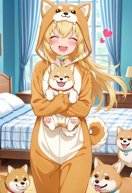 masterpiece, best quality, perfect anatomy, beautifully detailed, super precise illustration, High Details, anime screencap, anime style, vivid color, extremely detailed cg, amazing quality, very aesthetic, absurdres, newest,
hatching, 
1girl, solo, colettedef, blonde hair, closed eyes, long hair, hair between eyes, choker, red gemstone, chest jewel, shiba inu onesie, animal costume, open mouth smile, blush, girl_with_cats, dog,  animal,  holding animal, multiple dogs, dogs running, dogs jump, girl surrounded by many dogs, holding, bedroom, heart,