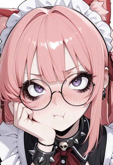 1girl, CivChan, solo, animal ears, animal_ear_fluff, (red fluff:1.3), round eyewear, glasses, blunt bangs, blush, skull cameo accents, pale skin, smoky eyeshadow, black eyeliner, doll-like blush, bracelet, earrings, hair ribbon, red ribbon, long hair, pink hair, purple eyes, punk, spikes, collar
BREAK
(close-up:1.4), pout, :t, looking up at viewer, eyelashes, bags under eyes
BREAK
<lora:GUXLlokr8f:0.32>, masterpiece, best quality, very aesthetic, underlightling, white background, simple background,<lora:cgel-style-richy-v1_ixl:1>