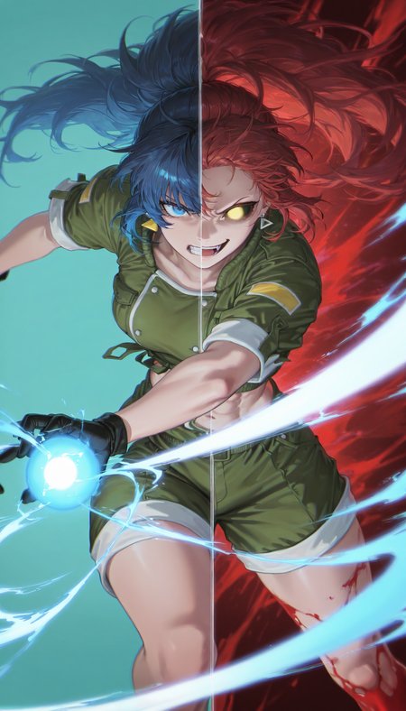 JK, JK Style, Solo,masterpiece, best quality, amazing quality, very aesthetic,straight-on, LNHDRNCLSSC, (1girl),(split in half),emi-realistic, ultra-detailed, high-resolution
,ADDCOMM,
split image, divided,1girl, dual persona, clone,variation,(diagonal split), feet out of frame
,ADDBASE,
blue hair, long hair, ponytail, triangle earrings, blue eyes, green crop top,serious, clenched teeth, determined, aqua background, simple background, blue glow,midriff, abs, sad
,ADDCOL,
(split image,transition,white line:1.2),(split face:1.2),blue eyes, serious, clenched teeth, determined,hand foreground
,ADDCOL,
( white slashing effect, foreground:1.2),(split face:1.2),(yellow solid eyes, no sclera,no pupils), laughing,crazy smile,open mouth,hand foreground
,ADDCOL,
red hair, long hair, ponytail, triangle earrings, green crop top, (yellow solid eyes, no sclera,no pupils), laughing,crazy smile,open mouth, red background, abstract background, red glow,crazy, blood on hand,red energy,spreading fingers
,ADDROW,
(arm,hand,blood, energy,glowing),(slashing,energy,fisheye),abs,midriff,split image,motion lines, emphasis lines,green crop top
,ADDROW,
midriff, abs,green shorts, black gloves, holding energy orb, hand glowing blue, energy, feet out of frame,straight-arm, aqua background, abstract background,blue glow
,ADDCOL,
(white slashing effect, foreground:1.2)
,ADDCOL,
( split image,transition,white line:1.2),(split body:1.2)
,ADDCOL,
midriff, abs, green shorts, black gloves, hand glowing red, energy, feet out of frame, hand holding energy, red background, abstract background,red glow,soaked in blood, blood on leg
, <lora:JK:0.8> <lora:LeonaHeidernKOFIllustrious:0.7>