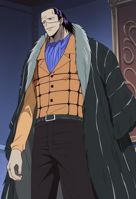 score_9, score_8_up, score_7_up, source_anime, rating_safe, CrocodileOP, black-purple_Croco_hair, Croco_scar across face, yellow_Croco_single earring, black eyes, 1boy, male focus, anime screencap, black_Crocoi_fur coat, orange-black_Croco_shirt, blue_Croco_ascot, black_Croco_pants, black_buttons