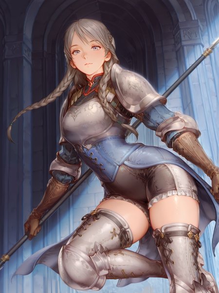 (masterpiece, best quality, very aesthetic, absurdres, highres:1.2), 1girl, solo, (Ravness_Loxaerion, anime illustration, painted by askzy, ask style), armor, gloves, holding polearm, incredible lighting, looking at viewer, <lora:illustriousXL_stabilizer_v1.7:0.9>,  <lora:NOOB_vp1_detailer_by_volnovik_v1:0.9>, <lora:anmiXLillokrV53P1:0.4>,  <lora:reikolokr_for_illustrious:0.4>,  <lora:10_AESTX:0.5> aestx, brushstroke \(medium\),  <lora:Ravness Loxaerion (Tactics Ogre) - IL v1.0_epoch_6:0.8>, black laces, black ribbon, black shorts, looking at viewer, opal grey eyes
