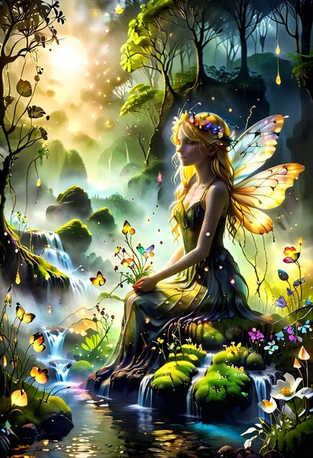 A vibrant and enchanting close up head shot photo of a cute and happy young girl with freckles and flowing blonde hair and a flower crown, sitting on a foggy riverbank by a waterfall in a dark eerie misty magical forest on the summer solstice. shallow depth of field, realistic, skin pores, imperfections. She is looking at friendly bioluminescent fairies with crystal sparkling luminous wings, fireflies and woodland creatures, with the sun setting in the background, casting a golden glow over the scene. The lush greenery and colorful white flowers make the image lively and captivating, perfect for celebrating a summer birthday. Extremely detailed, intricate, whimsical, magical, mysterious, mesmerising, alcohol inks, reflections