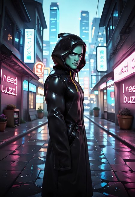 masterpiece,best quality,amazing quality,very aesthetic,absurdres,newest, beautiful color,
1man, muscular, wide body, tall, wet skin, wet hair,
detailed hands, outdoors, city, night time, raining, side view, looking forwards, determined look, serious expression, frowning, zipper, sleeves past fingers, hood, black coat, sleeves past wrists, long sleeves, coat, hood up, 3d, neon sign in background that says "i need buzz",  need_buzz, sign in background, dynamic pose,
SquidwardTentacles,