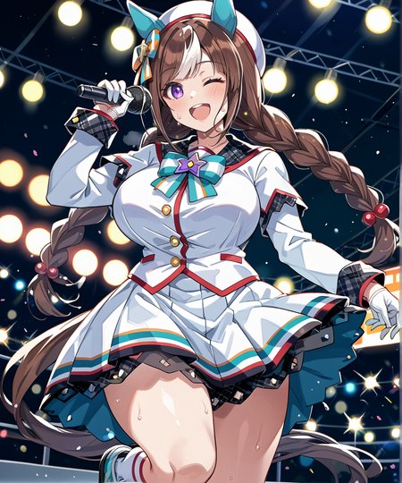 score_9,score_8_up,score_7_up,2D animation style,source_anime,anime screencap,rating_explicit,best quality,masterpiece,Japanese Anime Style,(solo),(1girl),smile,open mouth,looking at viewer,<lora:uma_hokko_tarumae_ponyxl:0.9>,hokko tarumae (umamusume),brown hair,two-tone hair,horse girl,horse ears,ear cover,horse tail,white headwear,hair bow,striped bow,sailor collar,collarbone,white jacket,half gloves,(mismatched gloves),(black gloves:1.1),(white gloves:1.1),long sleeves,bowtie,white skirt,white socks,shoes,sneakers,large breasts,screaming,hand up,sweat,stage badkground,singing,idol concert,stage lights,light particles,curtain,full body view,one eye closed,(holding microphone),arm up,happy,hand up,thick thighs,large breasts,(steaming body:1.2),