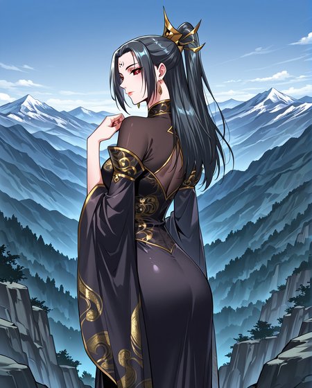 <lora:Hei_Yanyu (2):1>
1 girl, solo, long hair, black hair, red eyes, black sclera
chinese clothes, black dress, long dress, jewelry, earrings, wide sleeves, facial mark, hair ornament, ponytail, forehead mark, ponytail, lipstick
score_9, score_8_up, score_7_up, source anime, BREAK,  cowboy shot, (from side), looking back, looking at viewer, overlooking mountain, high altitude, scenery, exterior, background, (solo), perfect hands