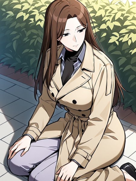 <lora:Omniscient_Readers_Viewpoint__Lee_Sookyun:1>
1 girl, solo, long hair, brown hair, straight hair, center parted hair, black eyes, mature female, 
beige trench coat, long coat, double breasted coat, tied waist belt, black undershirt, navy dress shirt, lavender pants, white slip-on shoes,
score_9, score_8_up, score_7_up, masterpiece, best quality, absurdres, perfect anatomy, 1girl, solo, wariza, sitting, hands on own knees, garden background