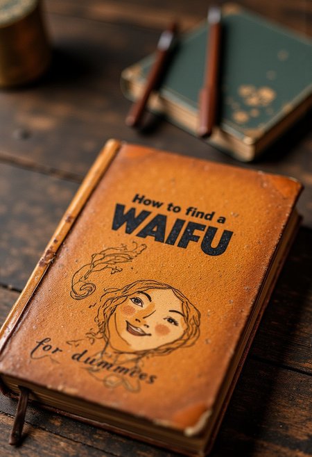 bkcvr, An old book lies in close-up on an tabletop. an artistic book cover, leather styled old, the book is called "How to find a WAIFU", underlined text "for dummies", showing an cute happy female anime face under the text detailed