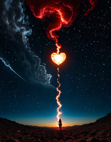 This digital anime-style illustration features a woman  floating in a dark, starry sky. She ihas been shot through her body by a large, red beam with dark veins, emitting a bright, fiery glow. behind her the beam turns into a smoke clpud shaped like a big red heart, The background is a deep, almost black space filled with small, twinkling stars. The woman appears serene and ethereal, surrounded by the stark contrast of the dark space and the vibrant beam  <lora:add-detail-xl:1>