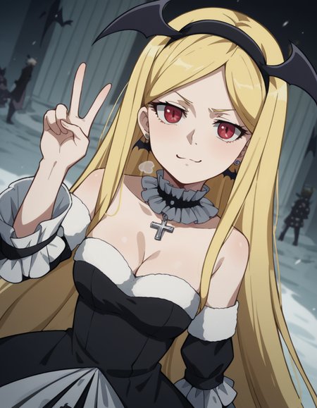 score_9, score_8_up, score_7_up, source_anime, <lora:elizabeth-greenhough-smith-s1-ponyxl-lora-nochekaiser:1>, elizabeth greenhough smith, long hair, blonde hair, red eyes, very long hair, hairband, parted bangs, black hairband, medium breasts,, dress, cleavage, bare shoulders, jewelry, earrings, frills, detached sleeves, wings, choker, black dress, parted bangs, bat wings, cross, black hairband, head wings, gothic,, snow day, winter clothes, snowball fight, laughter, cold breath, white landscape, , v, v over mouth, smug,, looking at viewer, solo,, dutch angle, cowboy shot