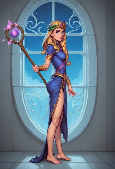 1girl, (((side view))), from front, solo, illustration, comic style, highly detailed, skinny, model body, looking at viewer, masterpiece, best quality, 1girl, masterpiece, best quality, fayenchantress, 1girl, solo, blonde hair, long hair, blue eyes, (young beauty, fit body:1.3), ((((magic shining orb in staff right hand, opened magic book in left hand)))), ((((magic clothes))))
<lora:FayEnchantress:0.9>
BREAK 
(((dark magic Observatory inside, night sky in window:1.6)))) score_9, score_8_up, score_7_up, score_6_up, source_cartoon, rating_explicit, Expressiveh, ((((full body))))), dynamic pose