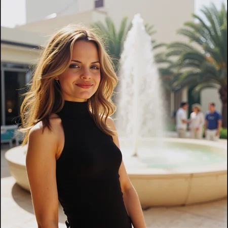 Faded Polaroid Photo, analog film photo captured with a Leica M6, flash photography enhanced with retro grain, a beautiful young woman wearing a beautiful high neck dress in a party in a hotel lobby with a fountain, she's happy and smiling, a candid 90's feel, posing dynamic, slight smile,  analog photo  <lora:Mena_S-v2p2:1> m3n4v2 . faded film, desaturated, 35mm photo, grainy, vignette, vintage, Kodachrome, Lomography, stained, highly detailed, found footage, analog, old faded photo, old polaroid, RAW candid cinema, 16mm, color graded portra 400 film, remarkable color, ultra realistic, textured skin, remarkable detailed pupils, realistic dull skin noise, visible skin detail, skin fuzz, dry skin, shot with cinematic camera