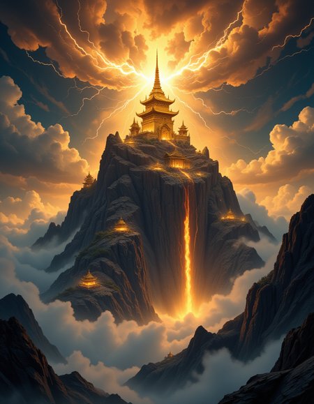 kawaii style cinematic film still breathtaking masterpiece, highest quality, breathtaking A storm-forged mountain of obsidian and fire rises under godlight, at its peak floats a golden temple humming with power, lightning strikes held in suspension, dark fantasy, wide-angle matte painting . award-winning, professional, highly detailed, shallow depth of field, vignette, highly detailed, high budget Hollywood film, bokeh, cinemascope, moody, epic, gorgeous, film grain . cute, adorable, brightly colored, cheerful, anime influence, highly detailedâââ