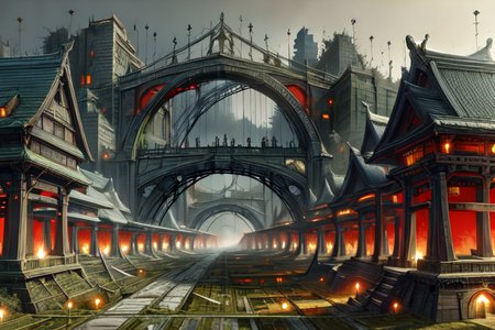 highly insanely detailed, masterpiece, top quality, best quality, highres, 4k, 8k, RAW photo, (very aesthetic, beautiful and aesthetic),  
(code_style,codestyle),(sympattern,geometric pattern),symbolic patterns,colorful,geometric pattern wallpaper,vibrant,doodle pattern, 
<lora:CodeStyle (half generic class)_564920:1>, 
(1girl:1.3), 1other, 
(bridge,chinese_arch_bridge,oriental_bridge),vine_bridge,wooden_bridge,stone_bridge,creepy bridge,Tokyo_Millennium,post-apocalyptic_city,dystopian_world,Center_District,City_center,ruling_government,Arcadia,Utopian_district,demon-free_zone,false_paradise,Great_Cataclysm,World_ending_event,apocalyptic_disaster,city_rebirt,ruins,abandoned,no humans,dark,vegetation,messy,made of moss,moss-covered,crumbling,debris,(pure red background,transparent background:1.2),âââ