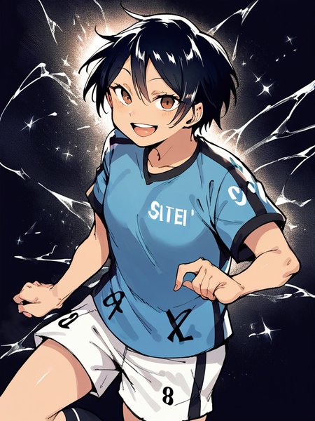 score_9, score_8_up, score_7_up,  
1girl, Kikuchi yua, black hair, short hair, small breasts, tan, brown eyes,

standing, soccer uniform, short sleeves, white shorts, black socks, smile, open mouth, looking at viewer, black background,


