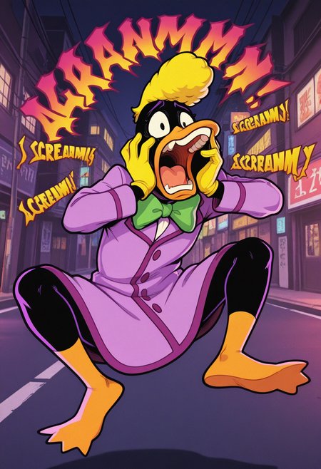 masterpiece, best quality, Graphic Design, color art, vibrant colors, colorful, intricate details, high contrast, detailed background, beautiful detailed, beautiful face, detailed eyes, detailed face, new, newest, z00td4ffy, 1boy, solo, male focus, furry, duck, black skin, beak, black eyes, yellow hair, pompadour, suit, formal, purple coat, yellow gloves, green bowtie, dynamic pose, jumping, midair, spreading legs, hands on own face, (open mouth, scared, screaming:1.4), street, night, looking away, fullbody shot,