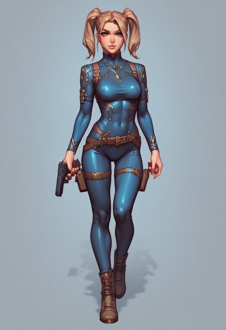 masterpiece, best quality, cowboy shot, French, stunning, 29yo, adult woman, light brown hair, uneven twintails, slender, Steel Teal bodysuit,
[EyeDetail, fFaceDetail,]
((full-clothed)), ((long big pistol in hands, handgun in hands))
BREAK 
strange world background score_9, score_8_up, score_7_up, score_6_up, source_cartoon, rating_explicit, Expressiveh, (((((full body))))), dynamic pose
