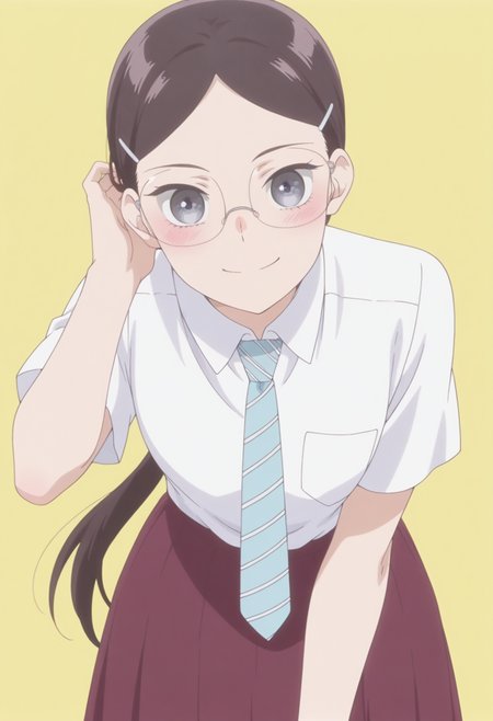 anime screencap, anime coloring, <lora:DX888RikaIL:1> sonezaki rika, grey eyes, black hair, long hair , ponytail, parted bangs, hairclip, BREAK simple background, yellow background,  BREAK  glasses, school uniforme, white shirt, striped necktie, skirt,  BREAK     1girl, blush, hand in own hair, leaning forward, looking at viewer, smile, solo,