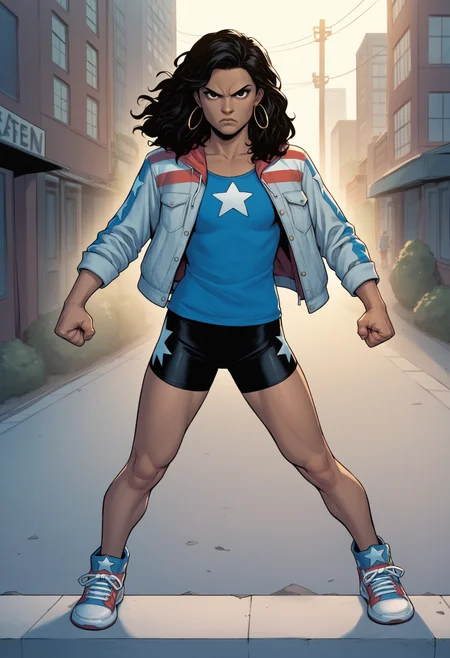 score_9, score_8_up, score_7_up, score_6_up, score_5_up, score_4_up, BREAK,
1girl, amechavez, black hair, dark skin,
bike shorts, blue shirt, hoop earrings, jacket, open jacket, sneakers, star print,
clenched hands, serious, solo, standing, looking at viewer, buildings, street, new york street background  <lora:AmericaChavezXL:1>