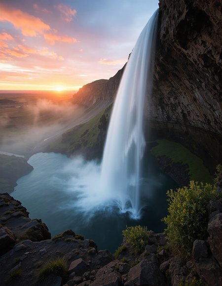 timelapse landscape photograph of a single tall waterfall on a misty sunset in the desert